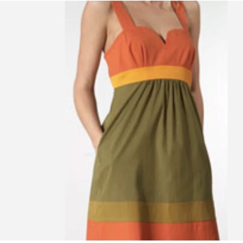 Trina Turk Orange, Olive & Yellow Colorblock Sundress